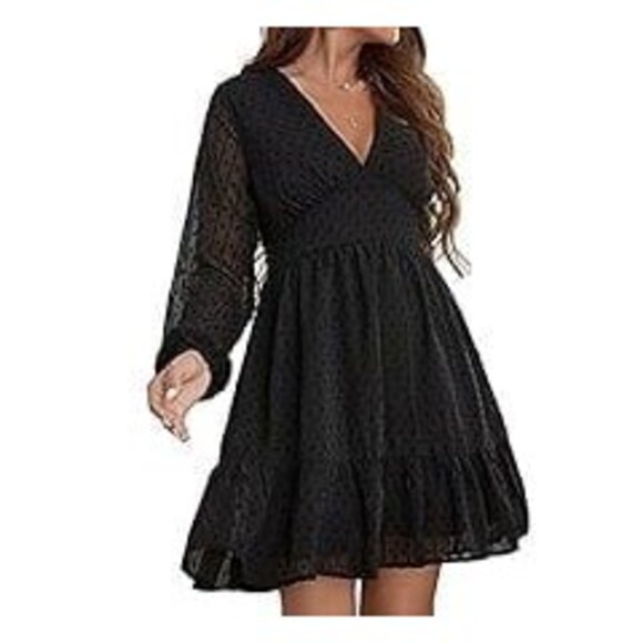 Alter’d State small Women's Deep V Neck Dress Swiss Dots Long Sleeve Ruffle - Picture 1 of 6